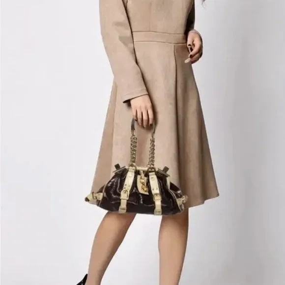 Vintage Versace Brown/Cream Croc EmbossedLeather Madonna Satchel NWT - Picture 6 of 12